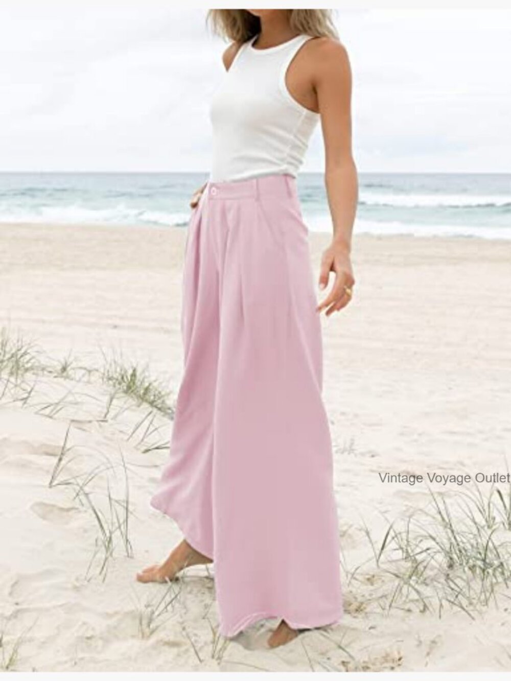 High Waist Wide Leg Palazzo Pants, Polyester Work Pants with Pockets - Picture 2 of 7